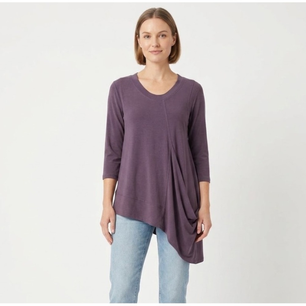 Sympli Purple V Neck‎ Asymmetric 3/4 Sleeve Stretch Blouse size 4 Preppy